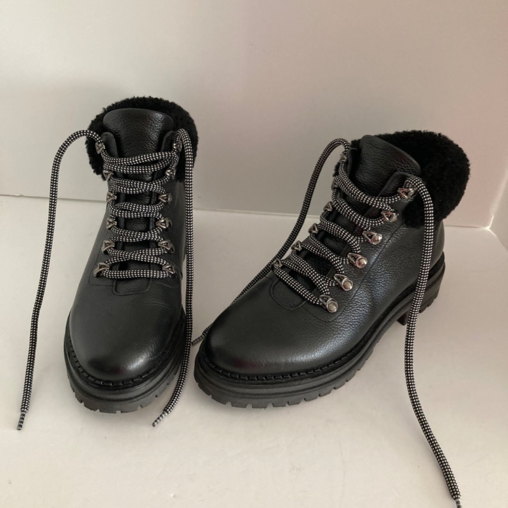 M. Gemi Women’s Black Leather Shearling Ankle Boots EU38 Speed Lace Lug Sole